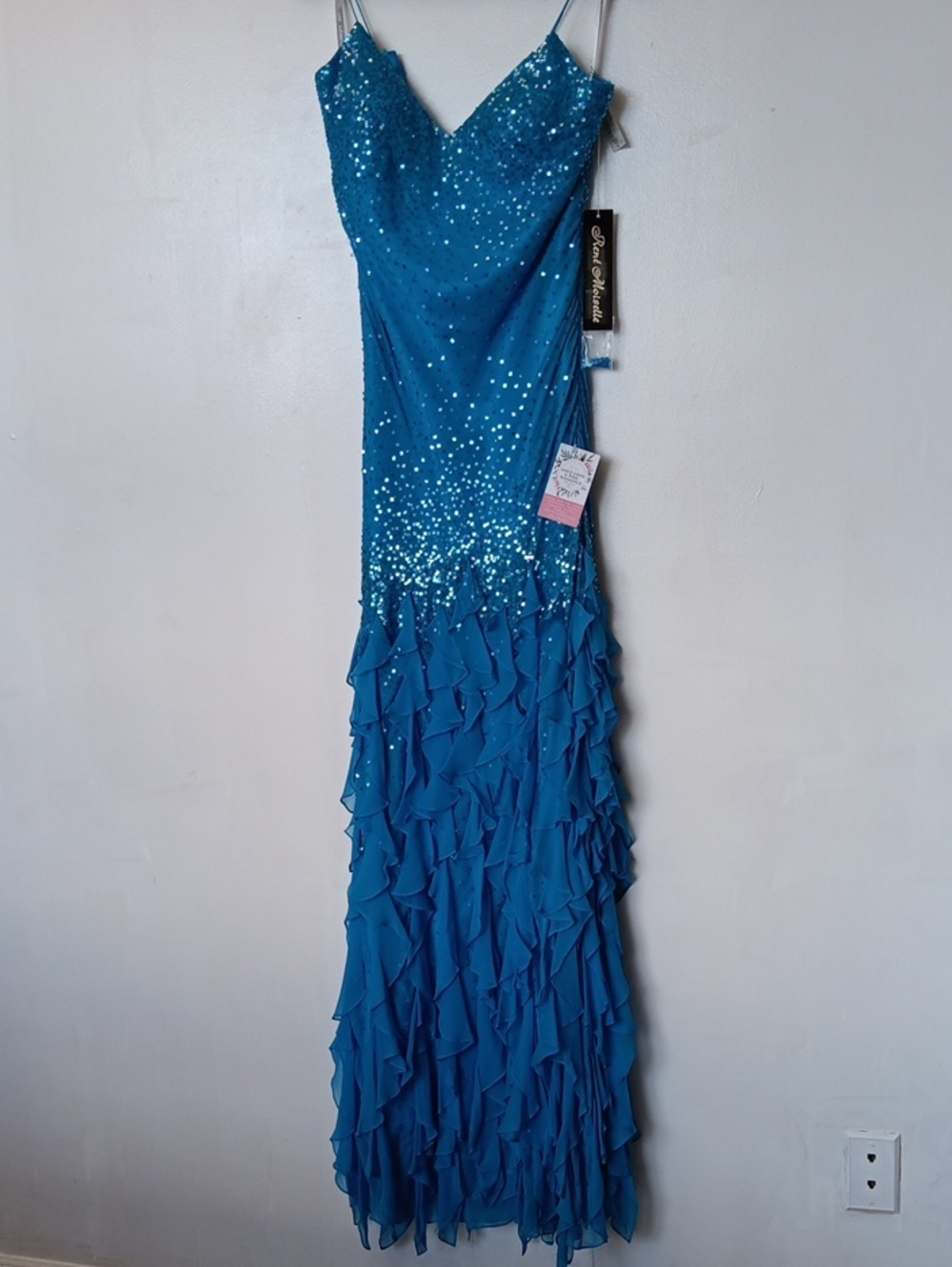 Vintage Sleeveless Ocean Blue Sequin Ruffle Maxi Dress by La Femme